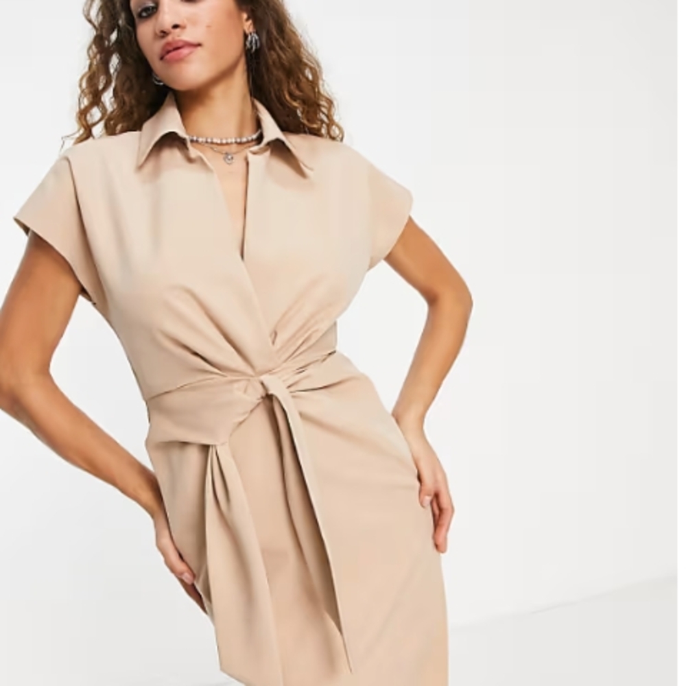 ASOS DESIGN collared wrap front midi dress with knot in stone